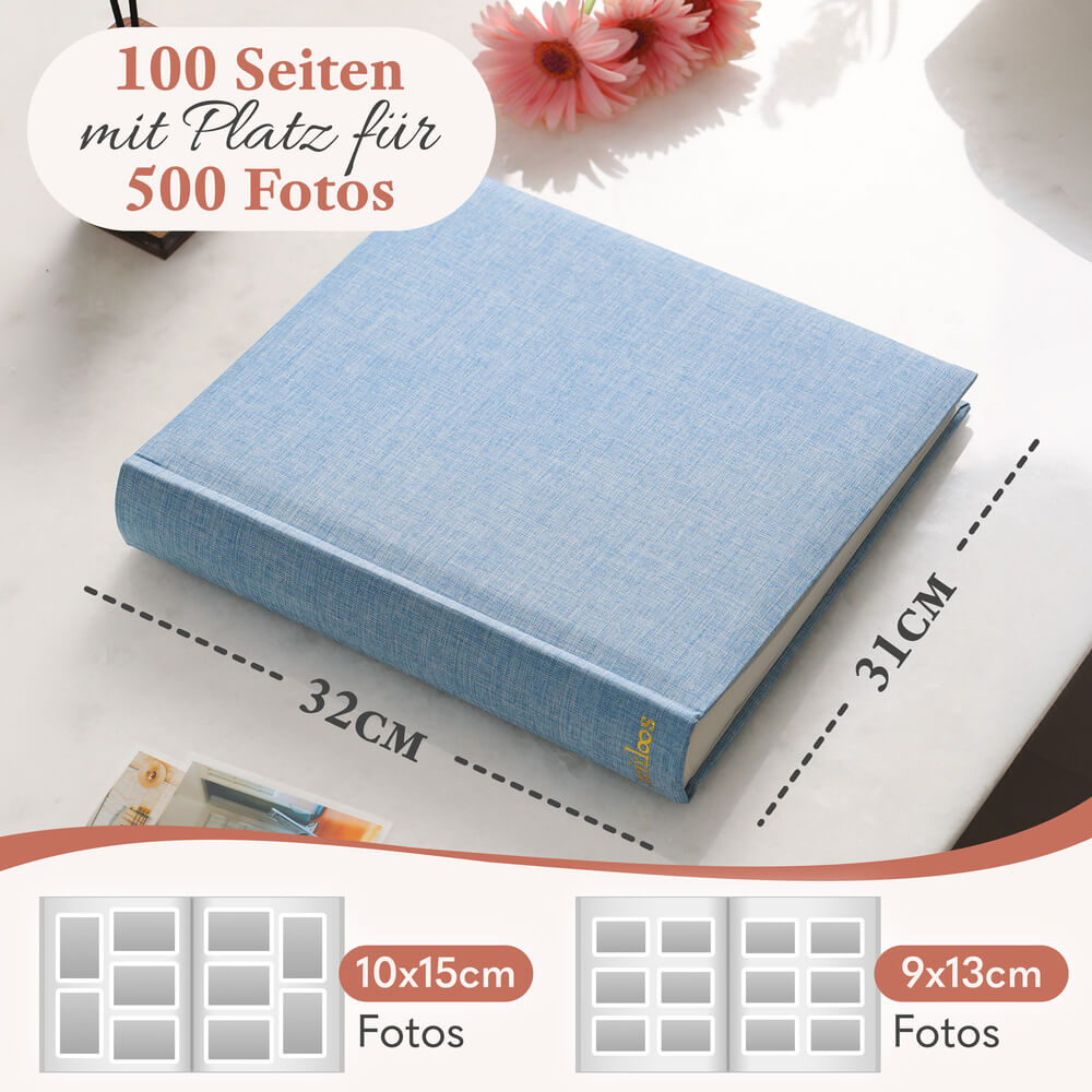 modernes grosses zeitloos fotoalbum in babyblau mit 50 seiten und platz fuer bis zu 150 fotos