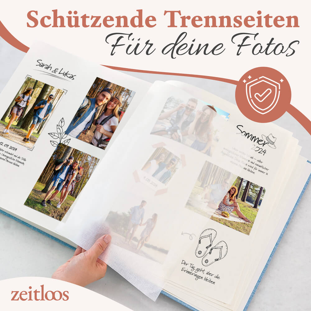 hochwertiges grosses babyblaues fotoalbum von zeitloos mit schuetzenden trennseiten als geschenkidee