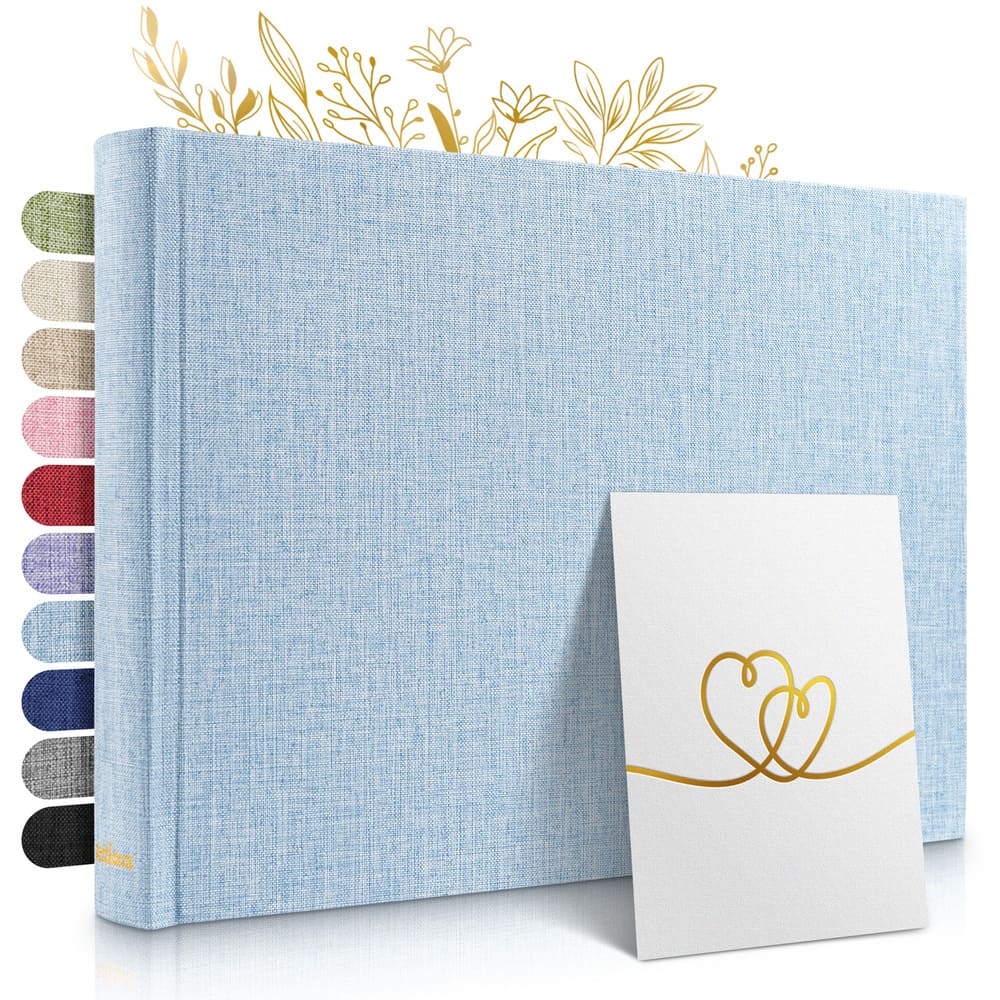 kleines babyblaues zeitloos fotoalbum als hochwertiges geschenk mit leineneinband