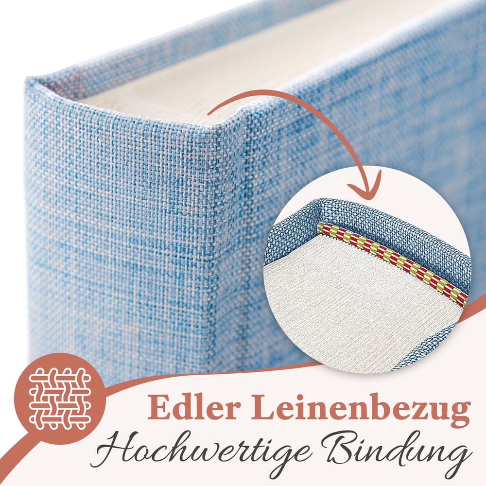 kleines hochwertiges babyblaues fotoalbum von zeitloos mit edlem leinenbezug