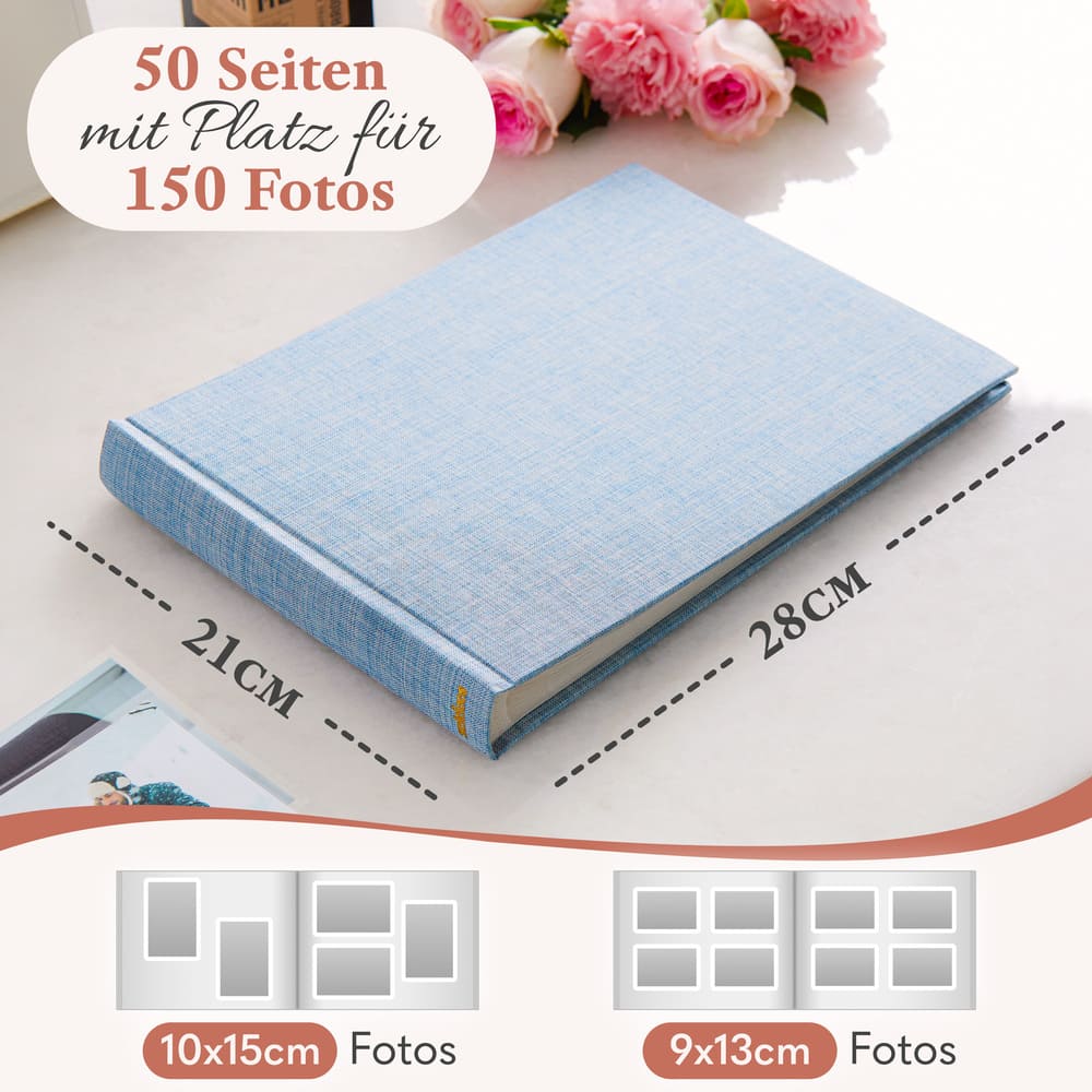 modernes kleines zeitloos fotoalbum in babyblau mit 50 seiten und platz fuer bis zu 150 fotos