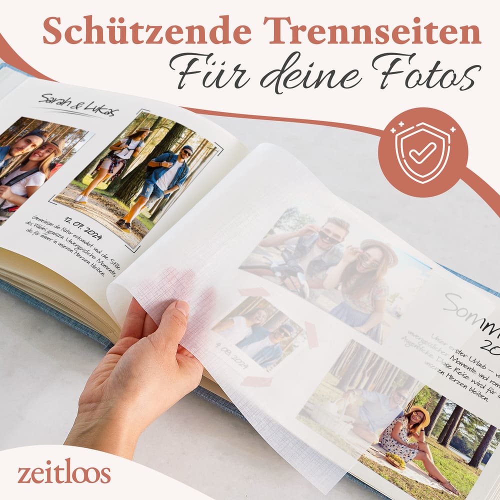 hochwertiges kleines babyblaues fotoalbum von zeitloos mit schuetzenden trennseiten als geschenkidee