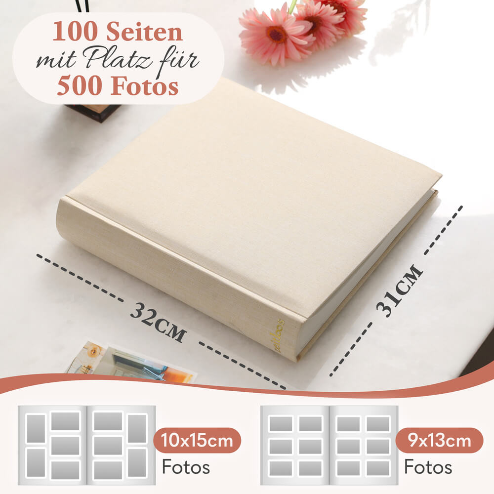 modernes grosses zeitloos fotoalbum in beige mit 50 seiten und platz fuer bis zu 150 fotos