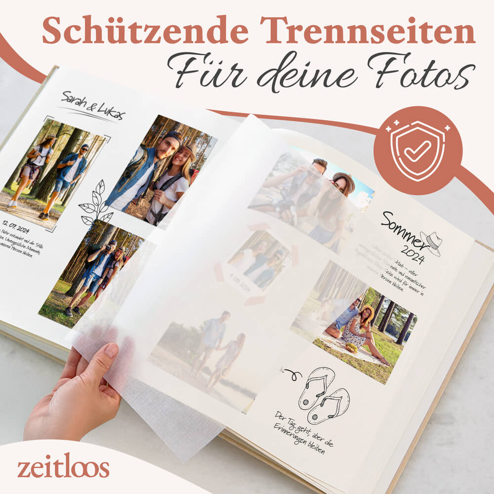 hochwertiges grosses beiges fotoalbum von zeitloos mit schuetzenden trennseiten als geschenkidee