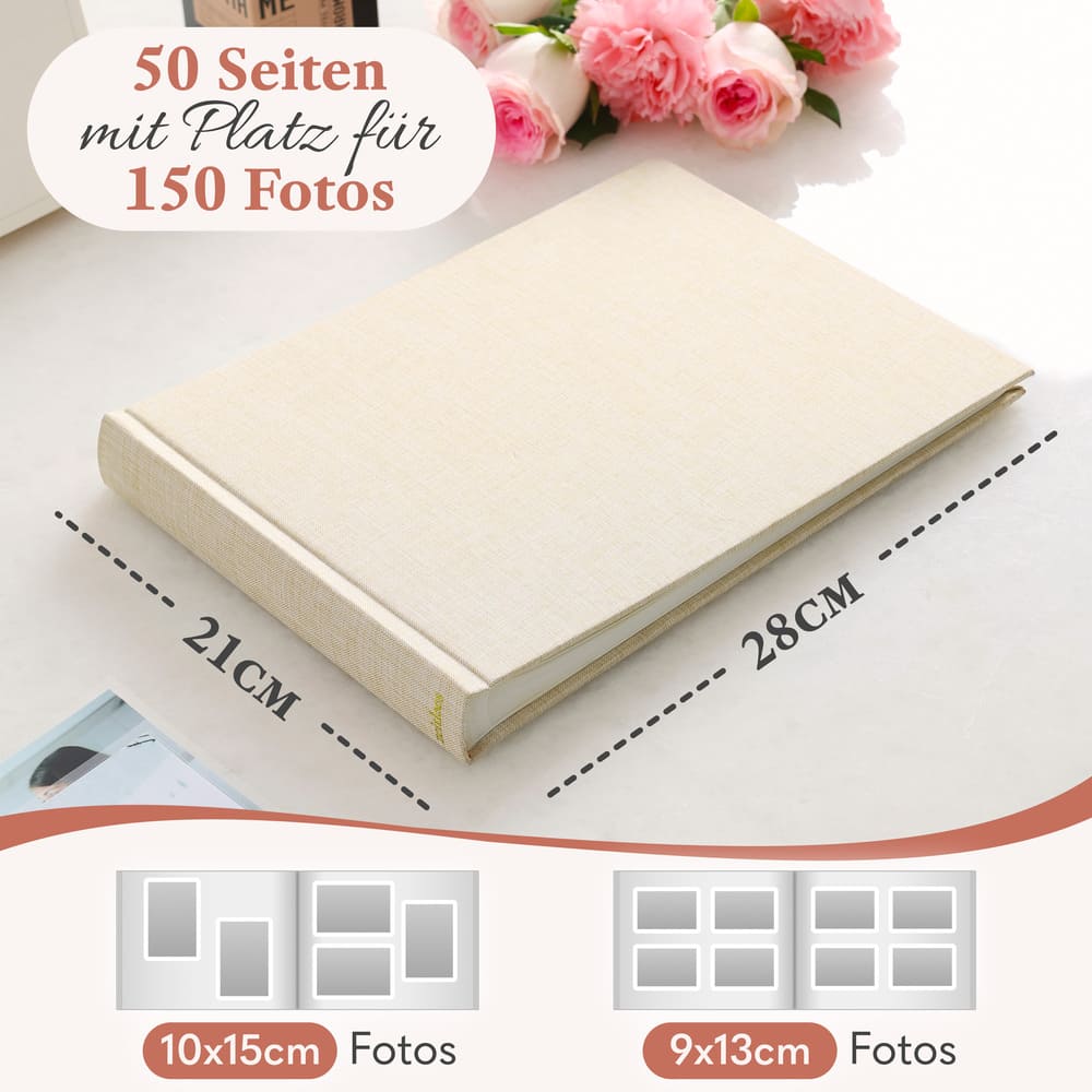 modernes kleines zeitloos fotoalbum in beige mit 50 seiten und platz fuer bis zu 150 fotos