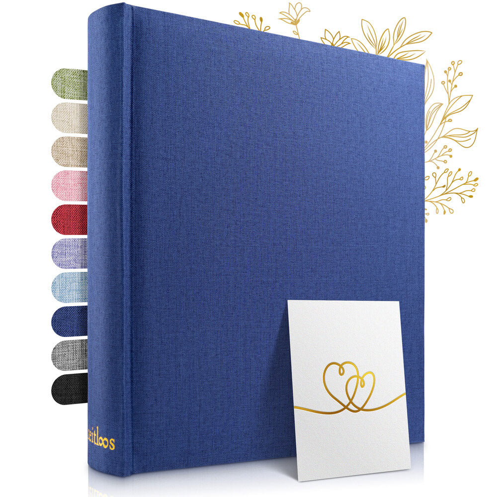 grosses blaues zeitloos fotoalbum als hochwertiges geschenk mit leineneinband
