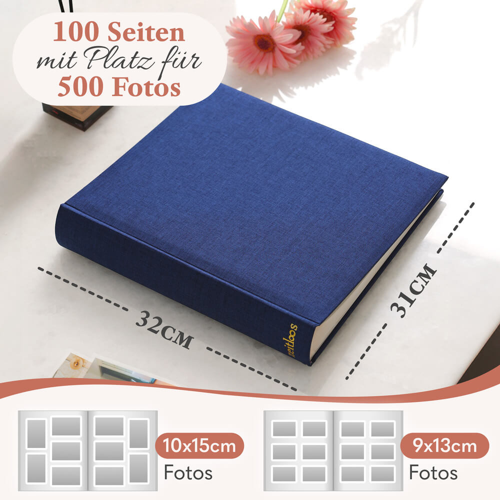 modernes grosses zeitloos fotoalbum in blau mit 50 seiten und platz fuer bis zu 150 fotos