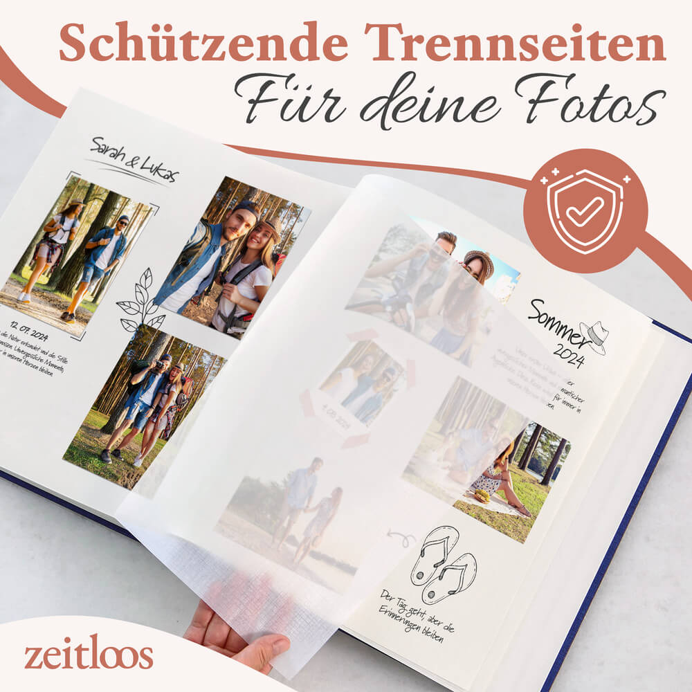 hochwertiges grosses blaues fotoalbum von zeitloos mit schuetzenden trennseiten als geschenkidee