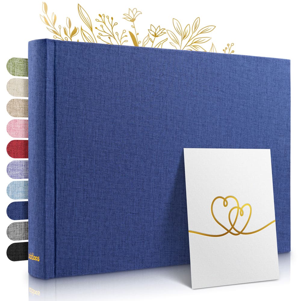 kleines blaues zeitloos fotoalbum als hochwertiges geschenk mit leineneinband