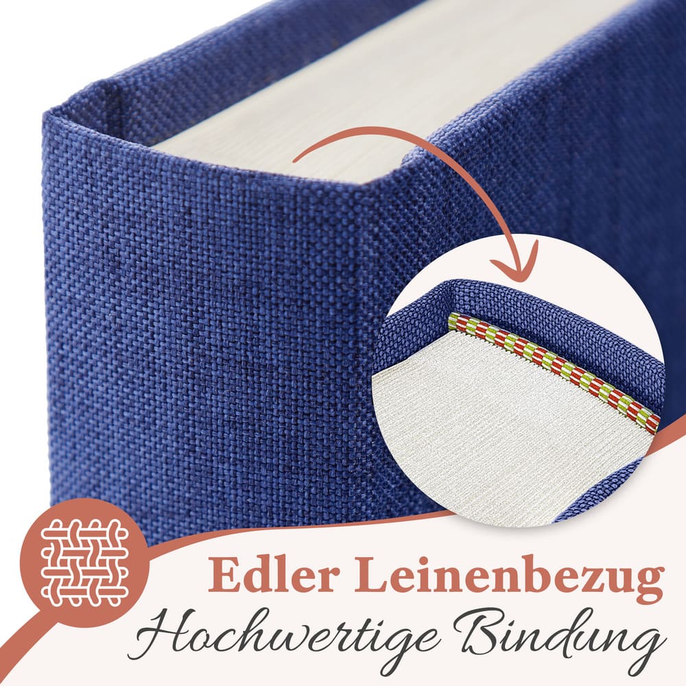 kleines hochwertiges blaues fotoalbum von zeitloos mit edlem leinenbezug