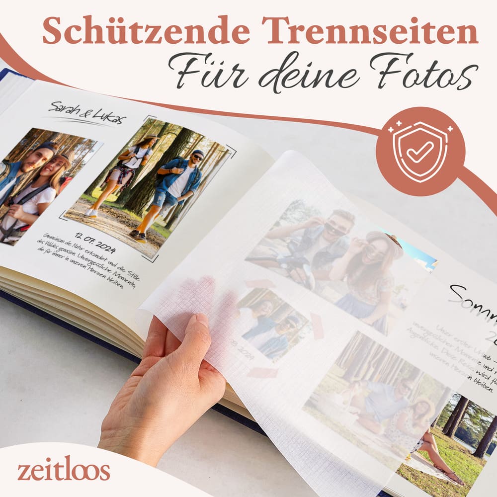hochwertiges kleines blaues fotoalbum von zeitloos mit schuetzenden trennseiten als geschenkidee