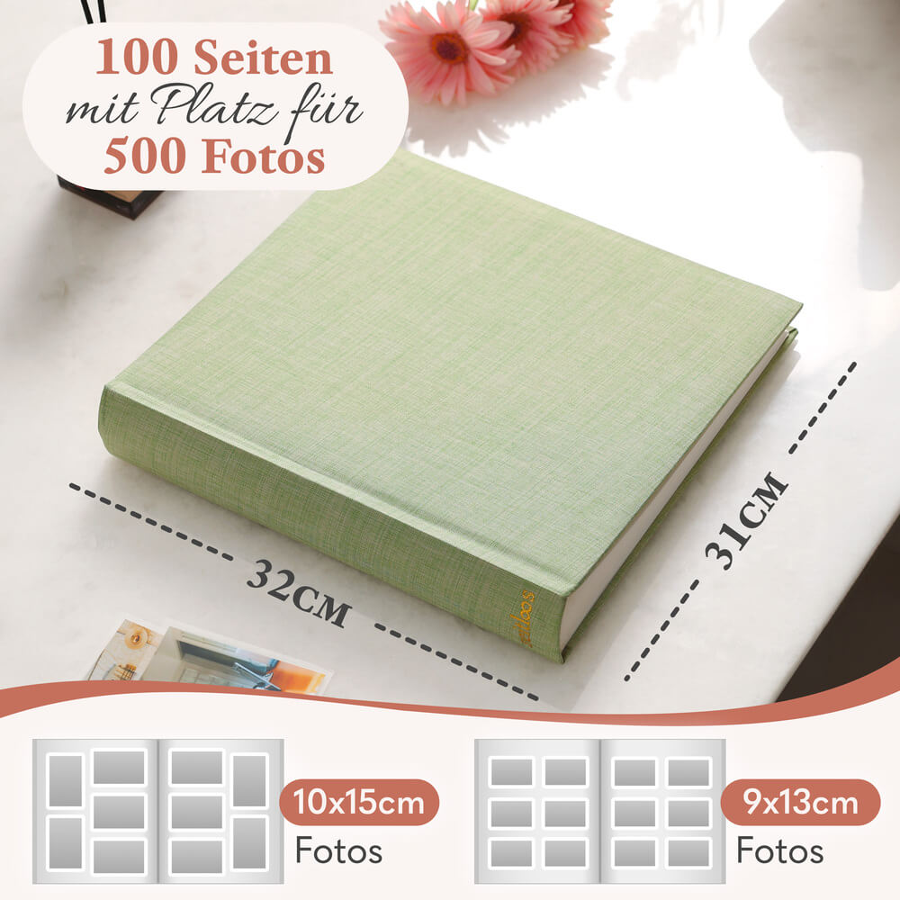modernes grosses zeitloos fotoalbum in gruen mit 50 seiten und platz fuer bis zu 150 fotos