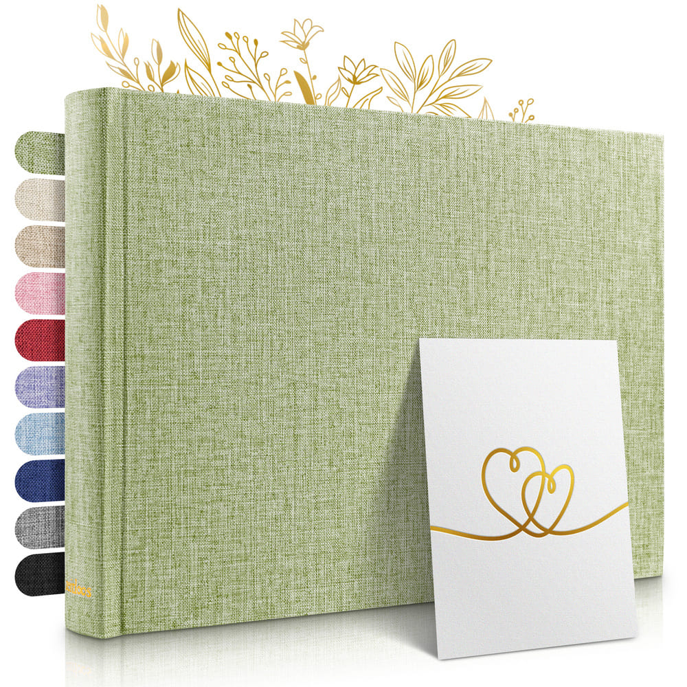 kleines grünes zeitloos fotoalbum als hochwertiges geschenk mit leineneinband