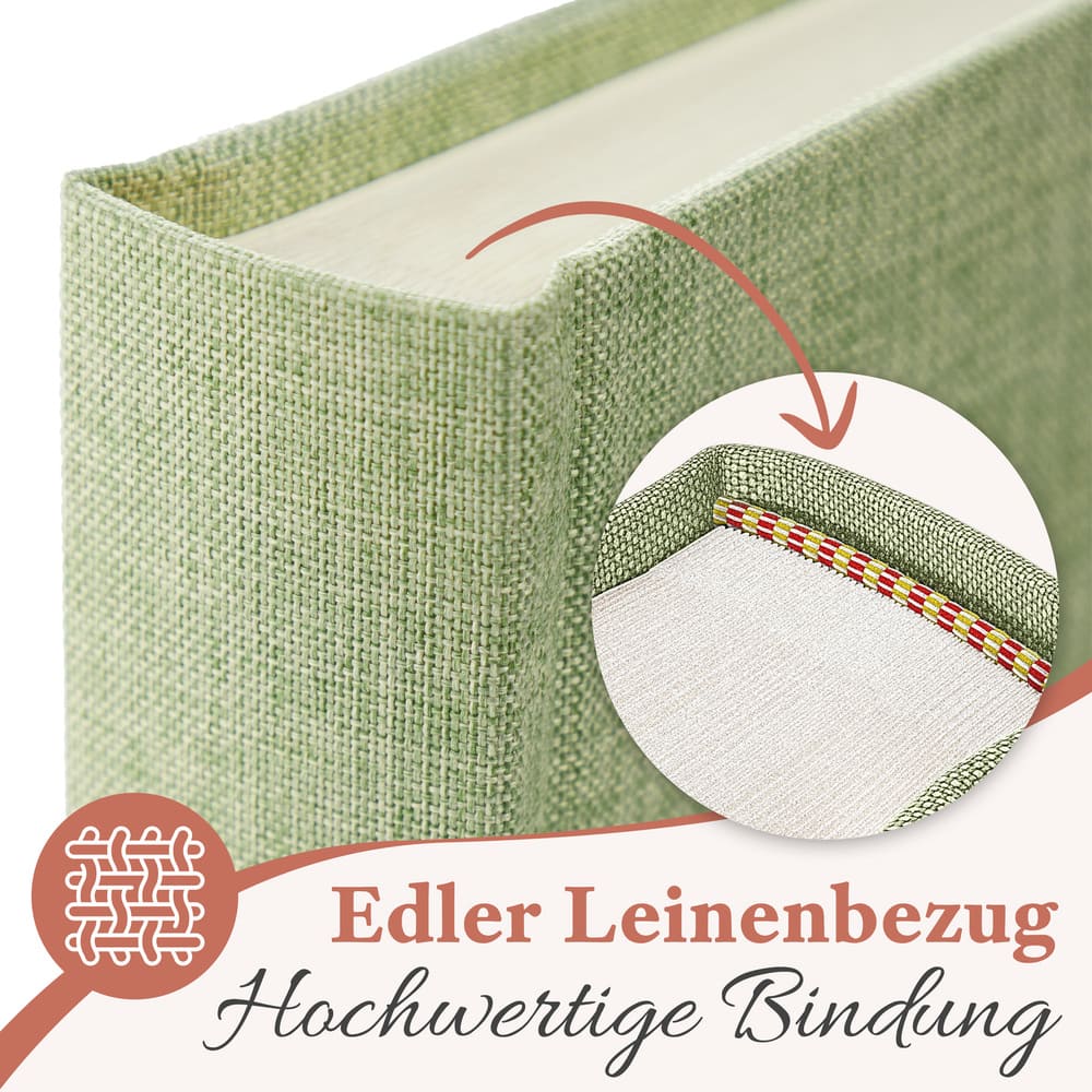 kleines hochwertiges grünes fotoalbum von zeitloos mit edlem leinenbezug