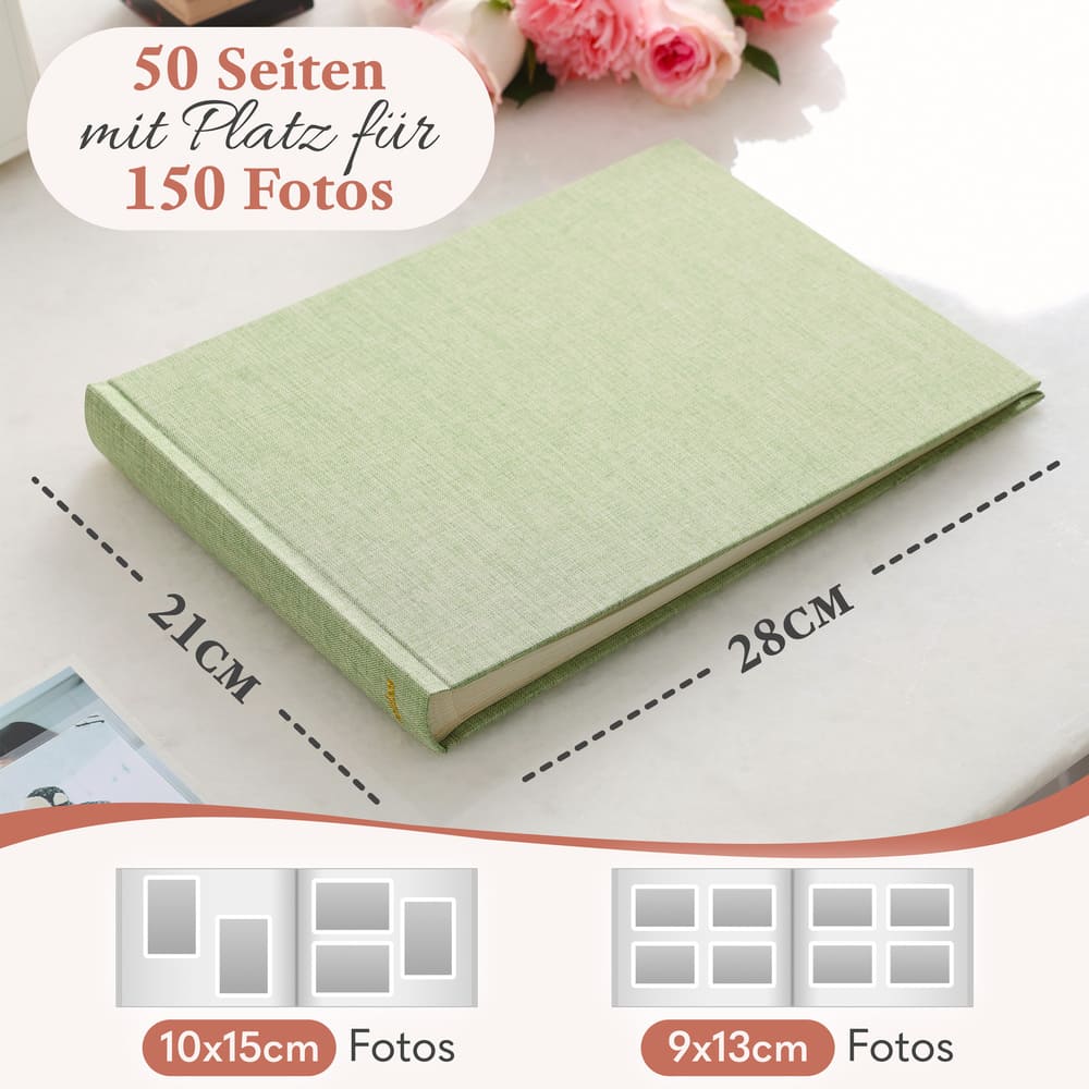 modernes kleines zeitloos fotoalbum in grün mit 50 seiten und platz fuer bis zu 150 fotos