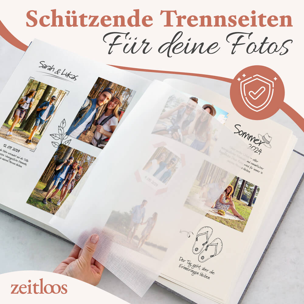 hochwertiges grosses hellgraues fotoalbum von zeitloos mit schuetzenden trennseiten als geschenkidee