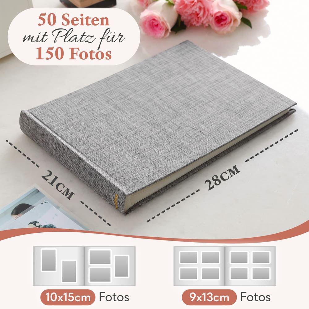 modernes kleines zeitloos fotoalbum in hellgrau mit 50 seiten und platz fuer bis zu 150 fotos