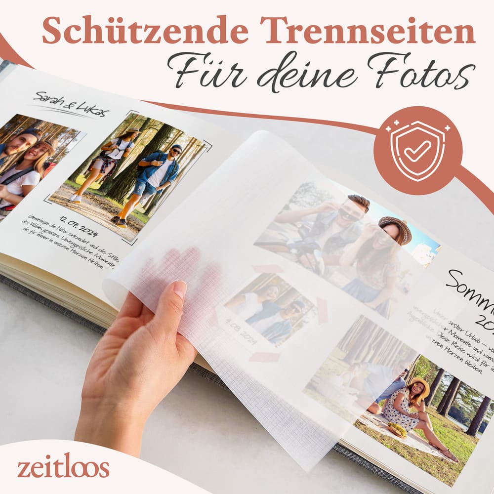 hochwertiges kleines hellgraues fotoalbum von zeitloos mit schuetzenden trennseiten als geschenkidee
