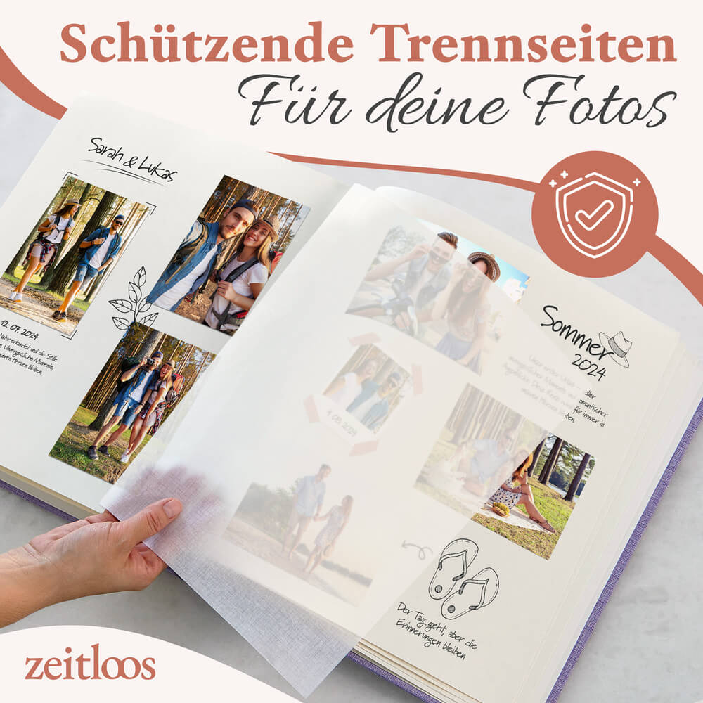 hochwertiges grosses lilanes fotoalbum von zeitloos mit schuetzenden trennseiten als geschenkidee