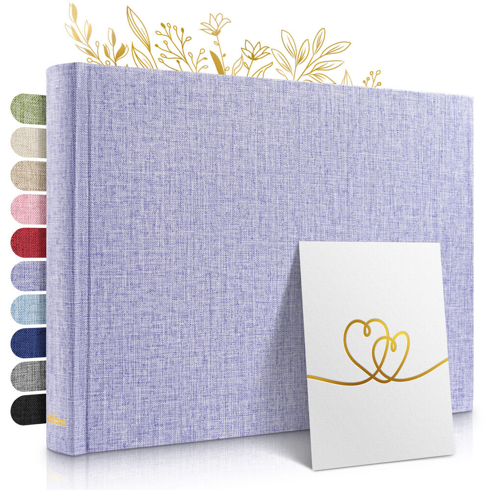 kleines lilanes zeitloos fotoalbum als hochwertiges geschenk mit leineneinband