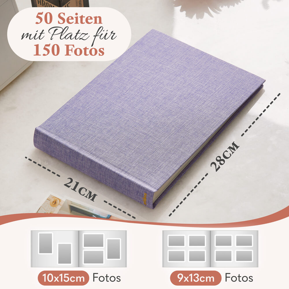 modernes kleines zeitloos fotoalbum in lila mit 50 seiten und platz fuer bis zu 150 fotos