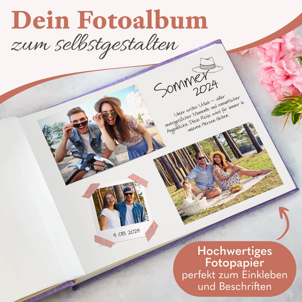 modernes kleines zeitloos fotoalbum in lila zum selbstgestalten mit hochwertigem fotopapier