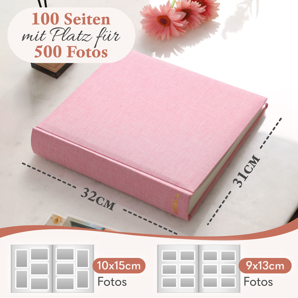 modernes grosses zeitloos fotoalbum in pink mit 50 seiten und platz fuer bis zu 150 fotos