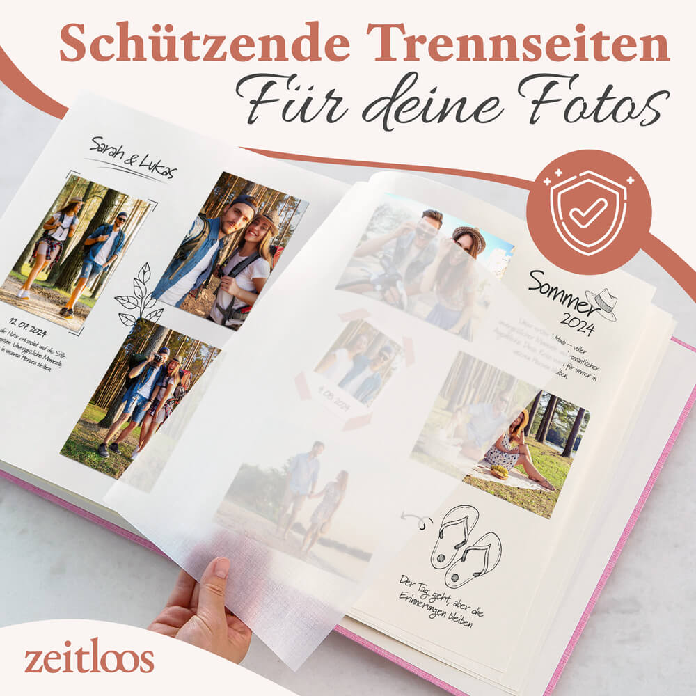 hochwertiges grosses pinkes fotoalbum von zeitloos mit schuetzenden trennseiten als geschenkidee