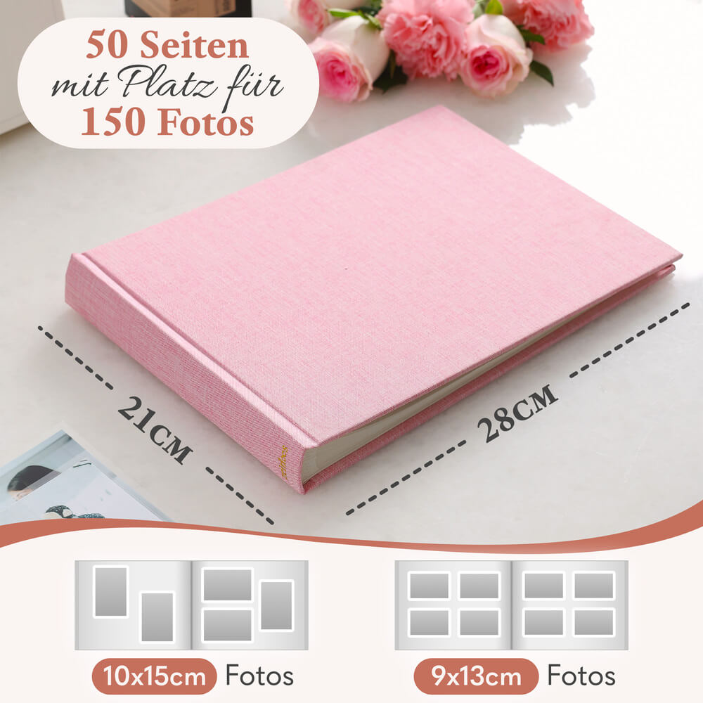 modernes kleines zeitloos fotoalbum in pink mit 50 seiten und platz fuer bis zu 150 fotos