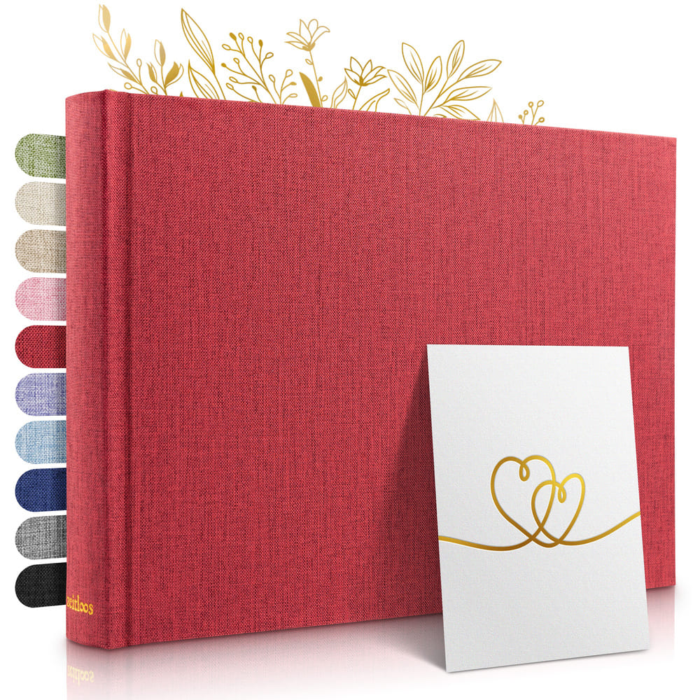 kleines rotes zeitloos fotoalbum als hochwertiges geschenk mit leineneinband