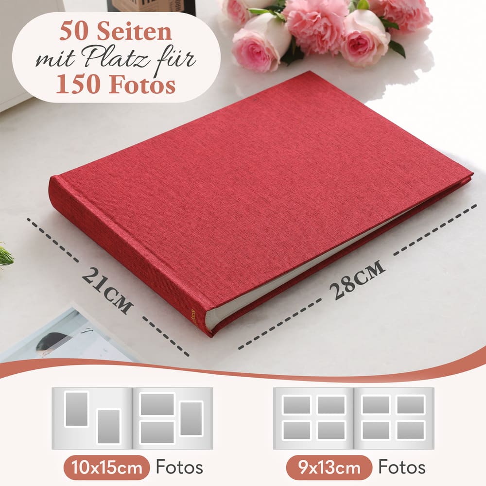 modernes kleines zeitloos fotoalbum in rot mit 50 seiten und platz fuer bis zu 150 fotos