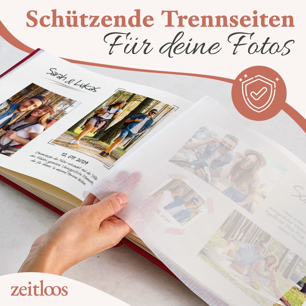hochwertiges kleines rotes fotoalbum von zeitloos mit schuetzenden trennseiten als geschenkidee