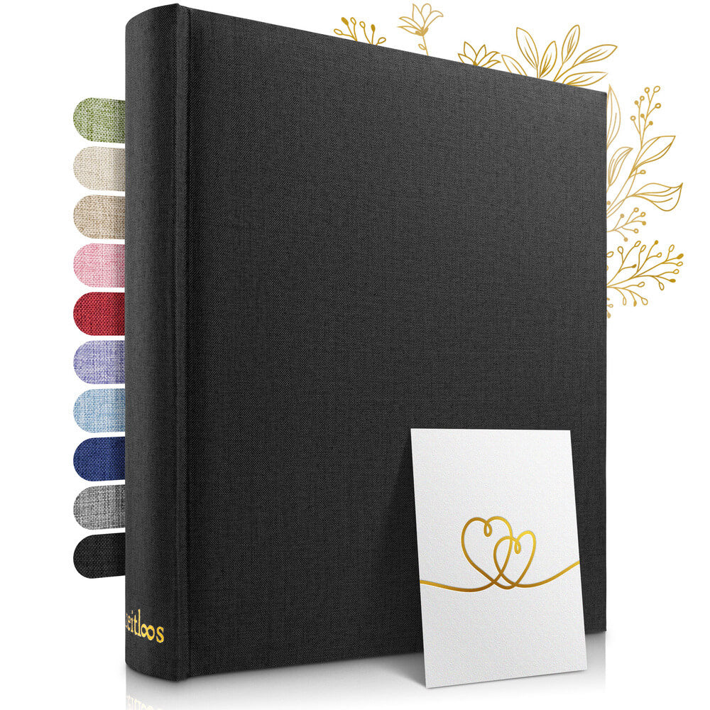 grosses schwarzes zeitloos fotoalbum als hochwertiges geschenk mit leineneinband