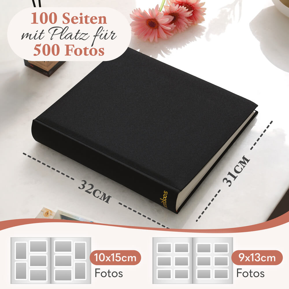 modernes grosses zeitloos fotoalbum in schwarz mit 50 seiten und platz fuer bis zu 150 fotos