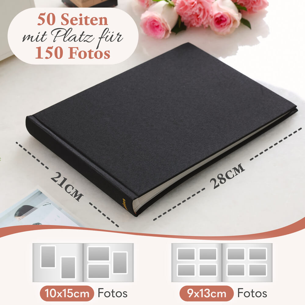 modernes kleines zeitloos fotoalbum in schwarz mit 50 seiten und platz fuer bis zu 150 fotos