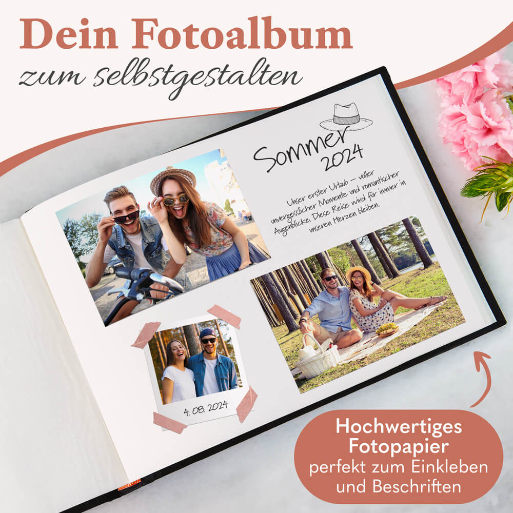 modernes kleines zeitloos fotoalbum in schwarz zum selbstgestalten mit hochwertigem fotopapier