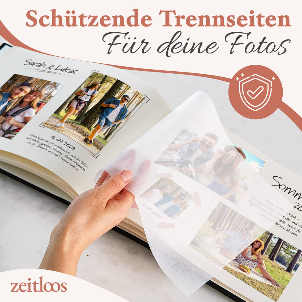 hochwertiges kleines schwarzes fotoalbum von zeitloos mit schuetzenden trennseiten als geschenkidee